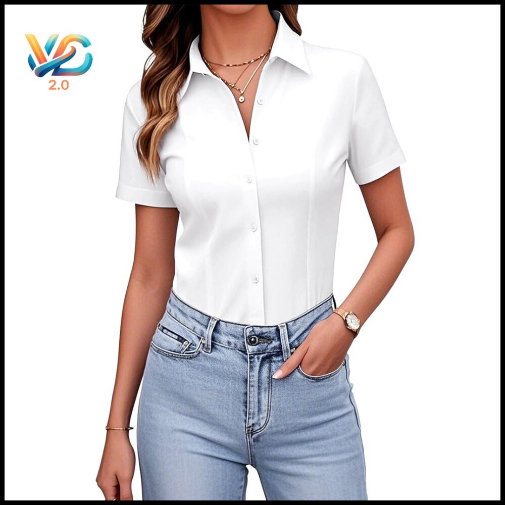 Slim Fit Short Sleeve Button Down Shirt Wrinkle-Free Stretch Work Blouse